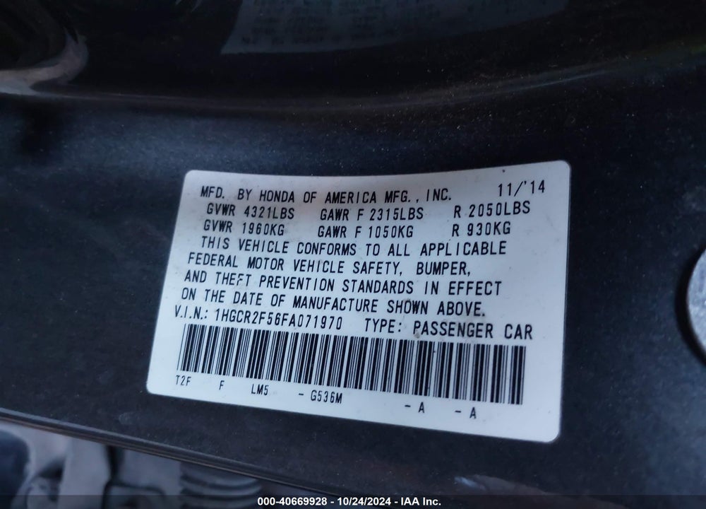 2015 HONDA ACCORD SPORT VIN: 1HGCR2F56FA071970