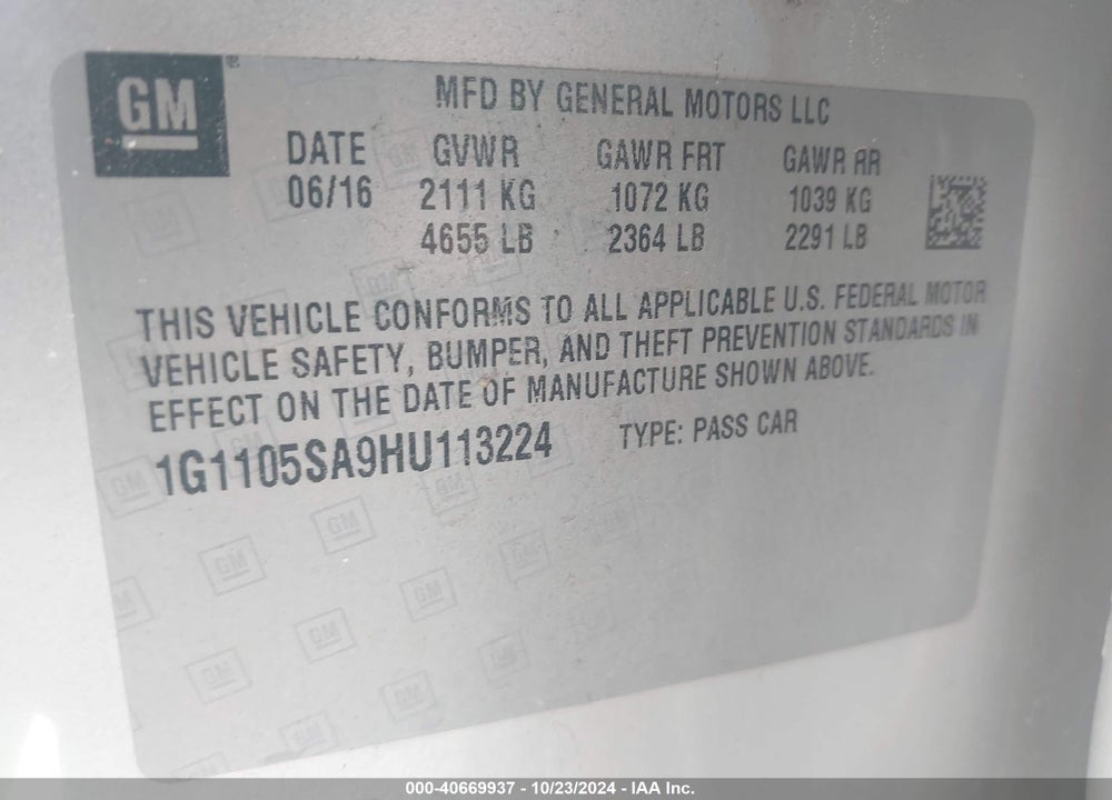 2017 CHEVROLET IMPALA 1LT VIN: 1G1105SA9HU113224