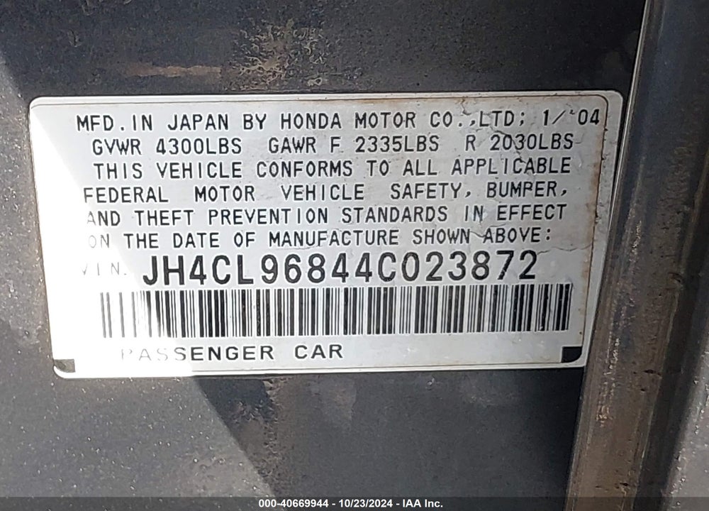2004 ACURA TSX VIN: JH4CL96844C023872