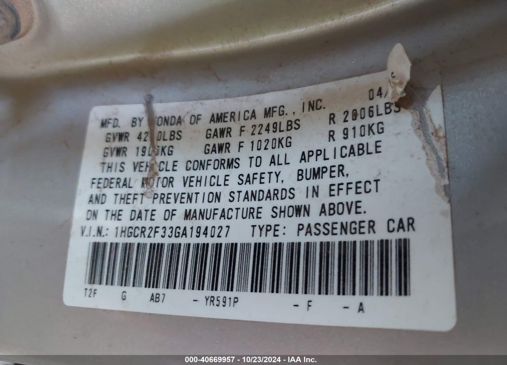 2016 HONDA ACCORD LX VIN: 1HGCR2F33GA194027