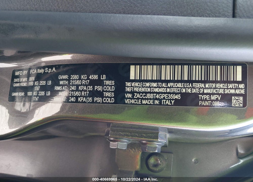 2016 JEEP RENEGADE LATITUDE VIN: ZACCJBBT4GPE35945