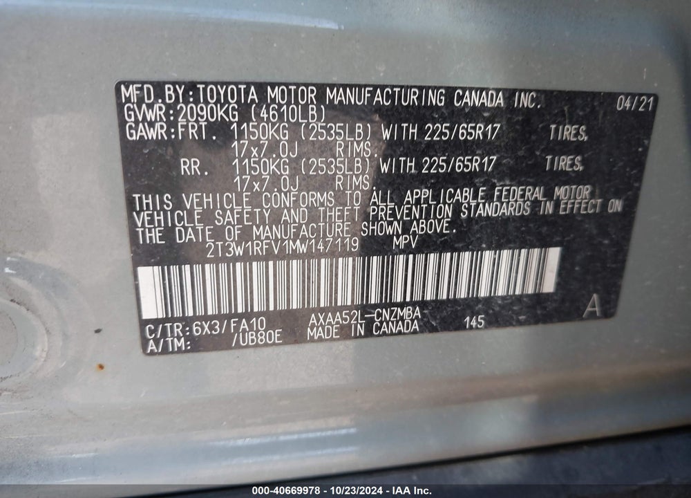 2021 TOYOTA RAV4 XLE VIN: 2T3W1RFV1MW147119