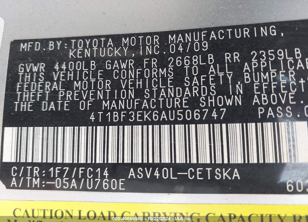 2010 TOYOTA CAMRY SE VIN: 4T1BF3EK6AU506747