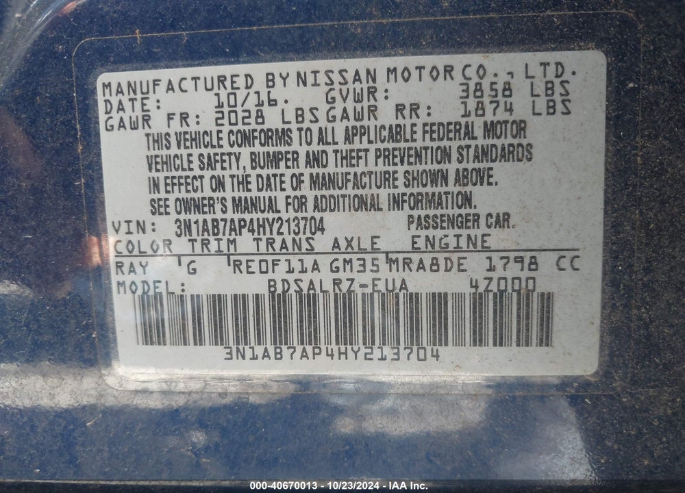 2017 NISSAN SENTRA SR VIN: 3N1AB7AP4HY213704