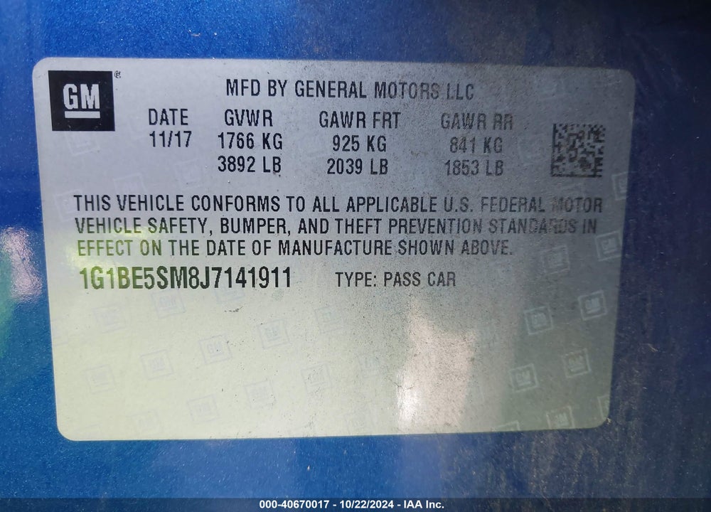2018 CHEVROLET CRUZE LT AUTO VIN: 1G1BE5SM8J7141911