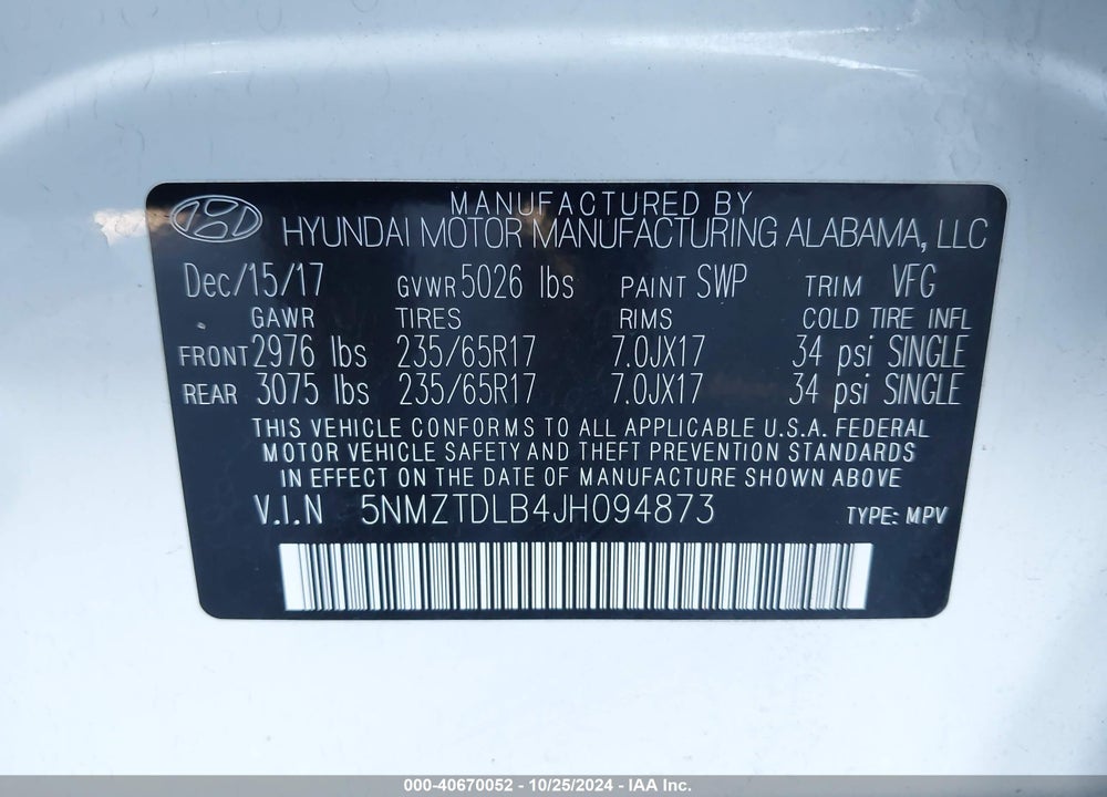 2018 HYUNDAI SANTA FE SPORT 2.4L VIN: 5NMZTDLB4JH094873