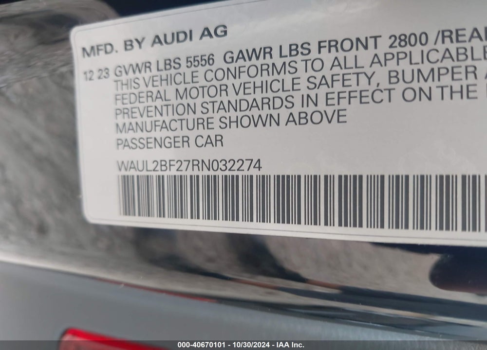 2024 AUDI A6 SEDAN PREMIUM PLUS 55 TFSI QUATTRO S TRONIC VIN: WAUL2BF27RN032274