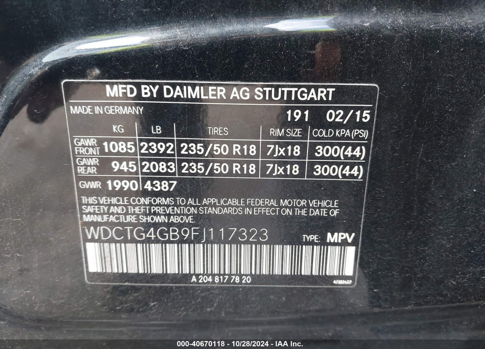 2015 MERCEDES-BENZ GLA 250 4MATIC VIN: WDCTG4GB9FJ117323