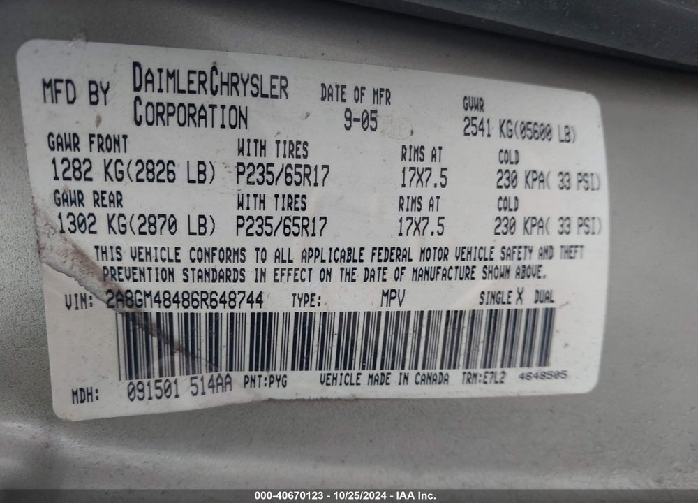 2006 CHRYSLER PACIFICA VIN: 2A8GM48486R648744