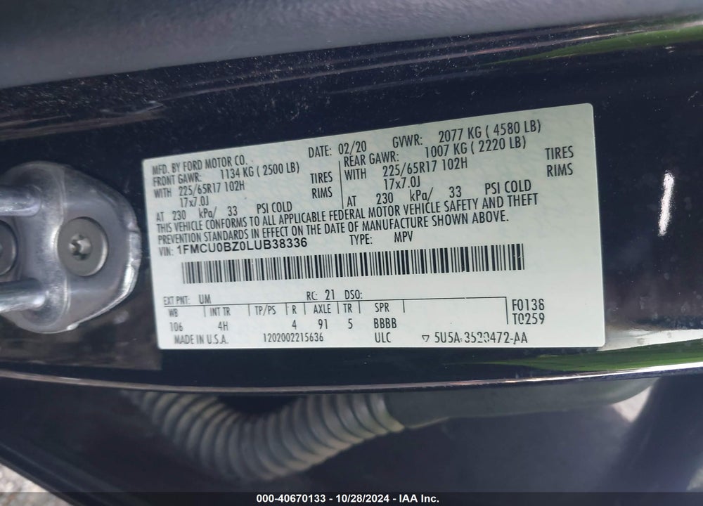 2020 FORD ESCAPE SE SPORT HYBRID VIN: 1FMCU0BZ0LUB38336