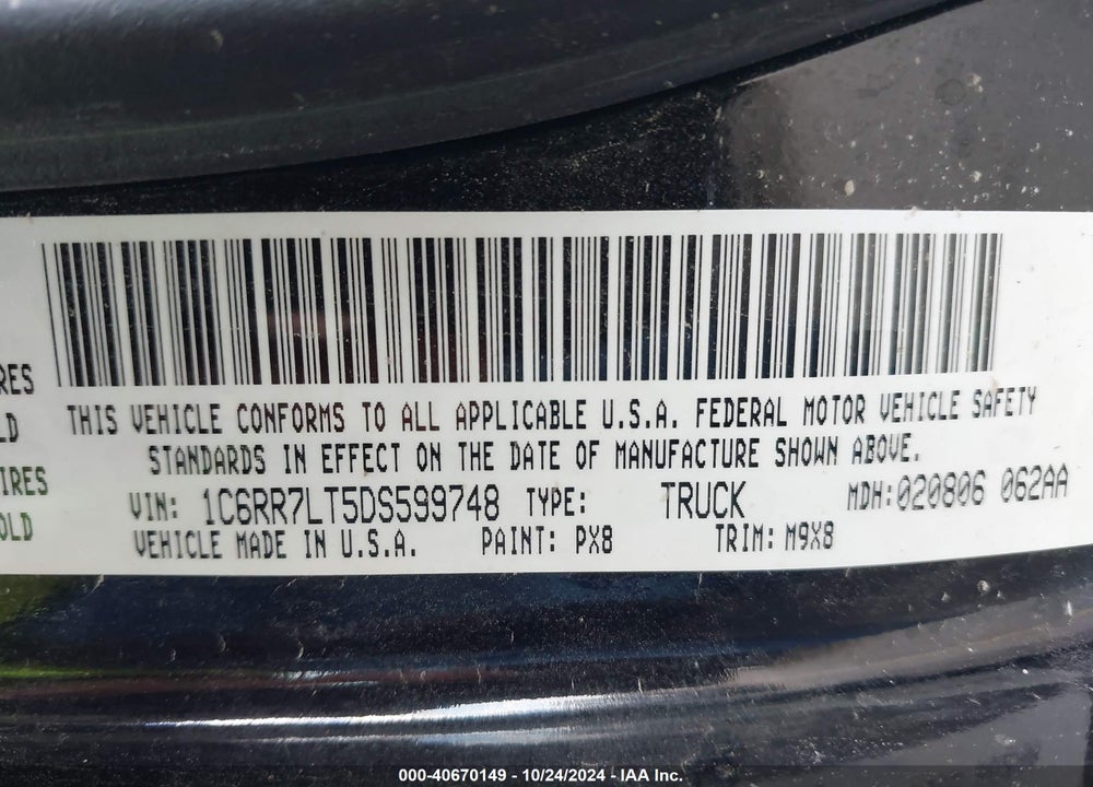 2013 RAM 1500 BIG HORN VIN: 1C6RR7LT5DS599748