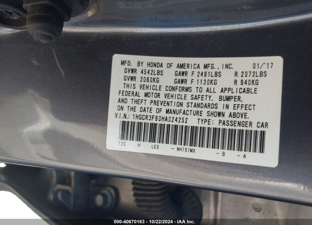 2017 HONDA ACCORD TOURING V6 VIN: 1HGCR3F90HA024252