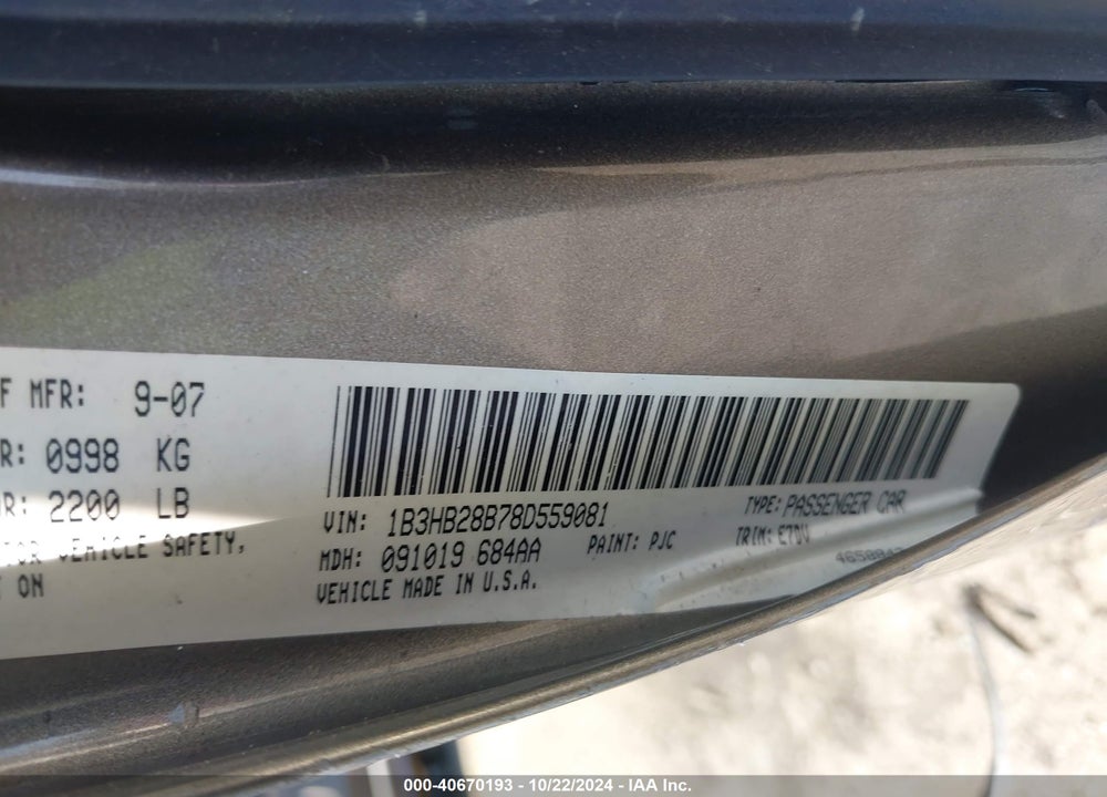 2008 DODGE CALIBER SE VIN: 1B3HB28B78D559081