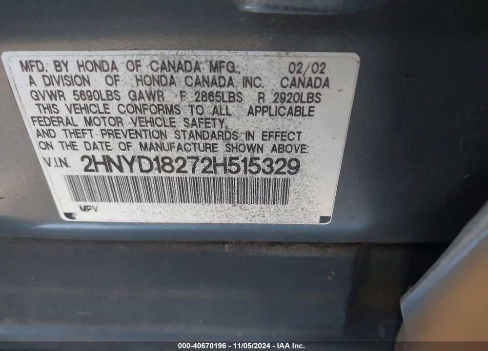 2002 ACURA MDX VIN: 2HNYD18272H515329