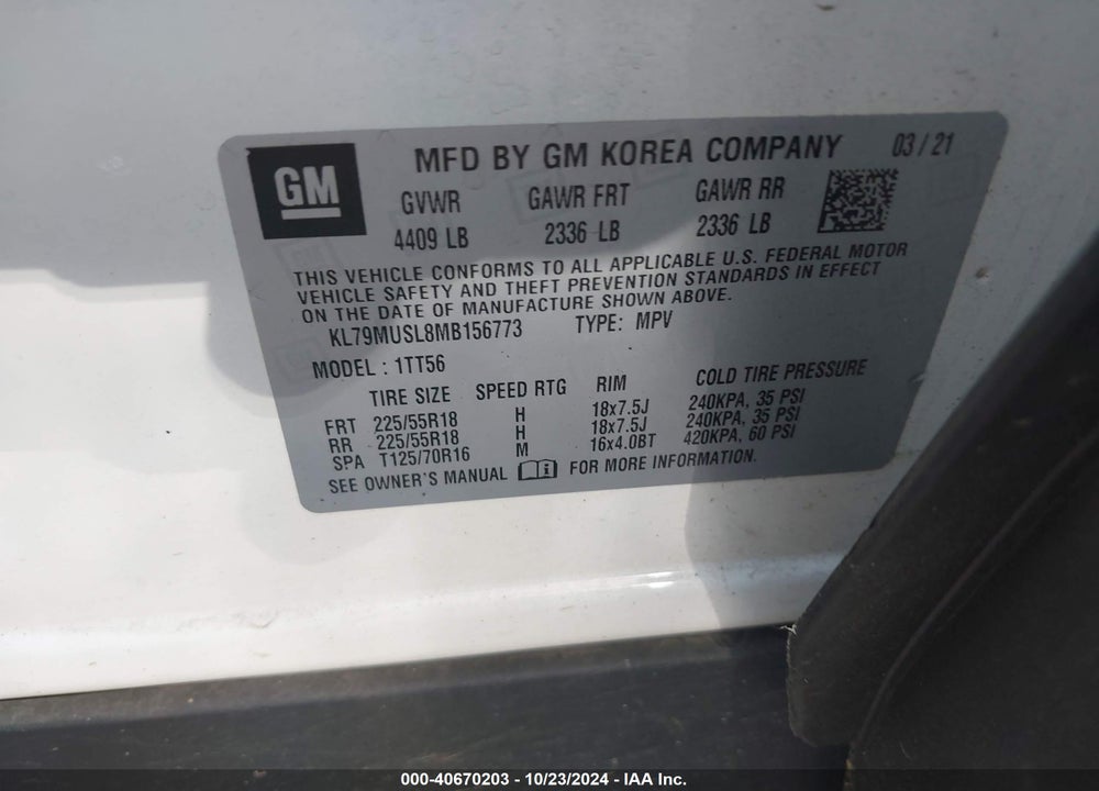2021 CHEVROLET TRAILBLAZER AWD RS VIN: KL79MUSL8MB156773