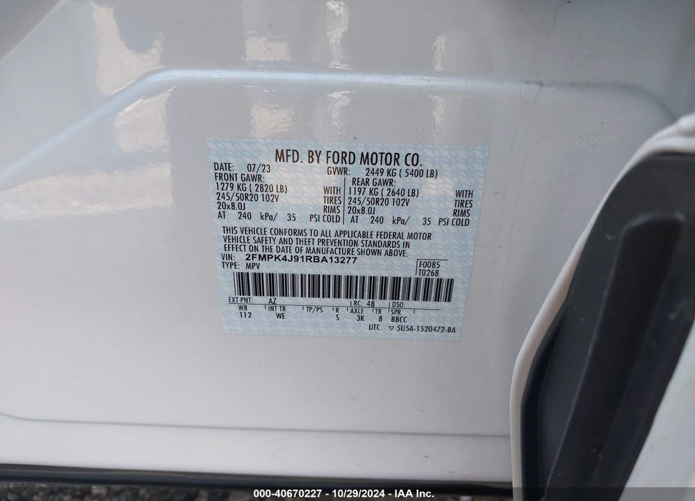 2024 FORD EDGE ST-LINE VIN: 2FMPK4J91RBA13277