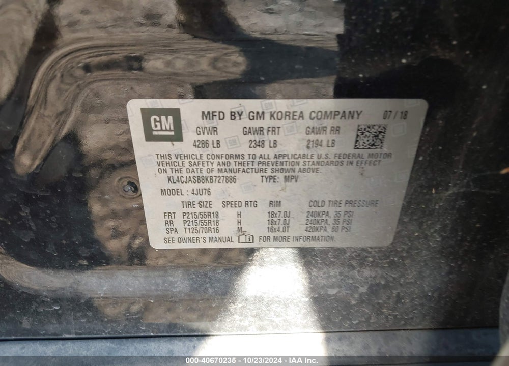 2019 BUICK ENCORE FWD PREFERRED VIN: KL4CJASB8KB727886