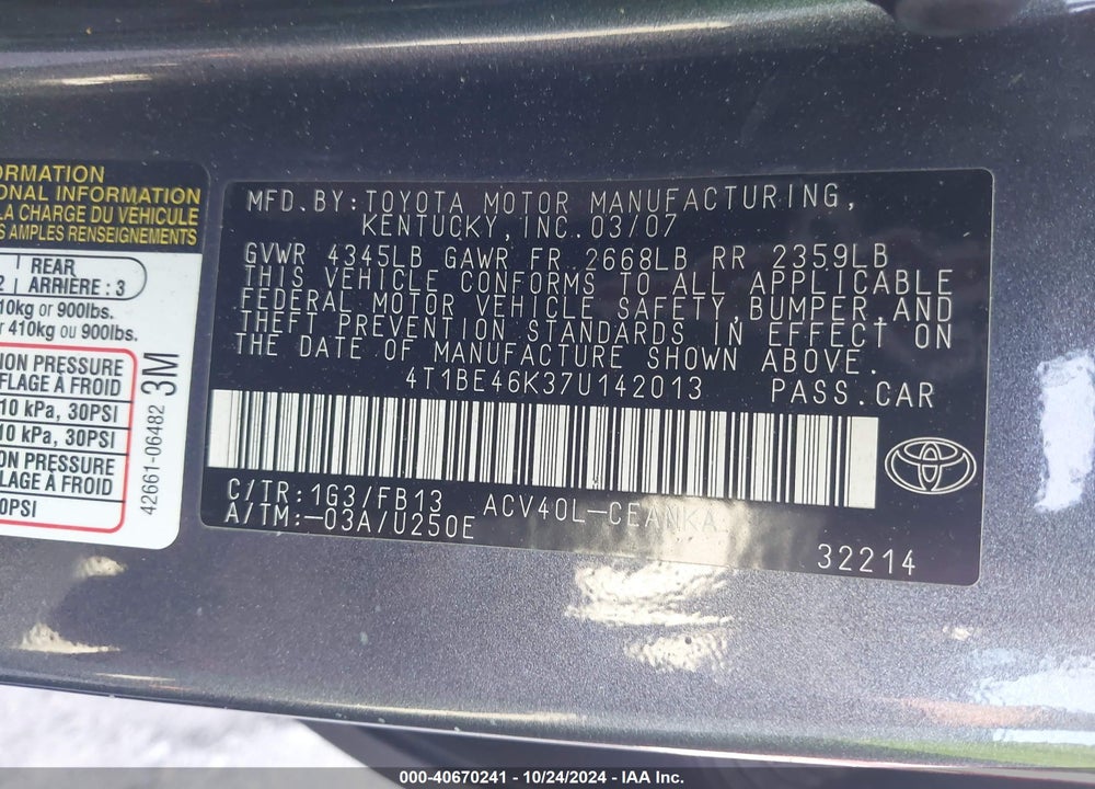 2007 TOYOTA CAMRY LE VIN: 4T1BE46K37U142013