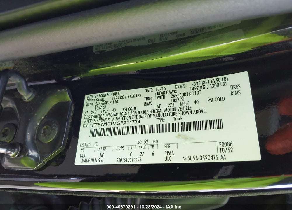 2016 FORD F-150 XLT VIN: 1FTEW1CP7GFA11734