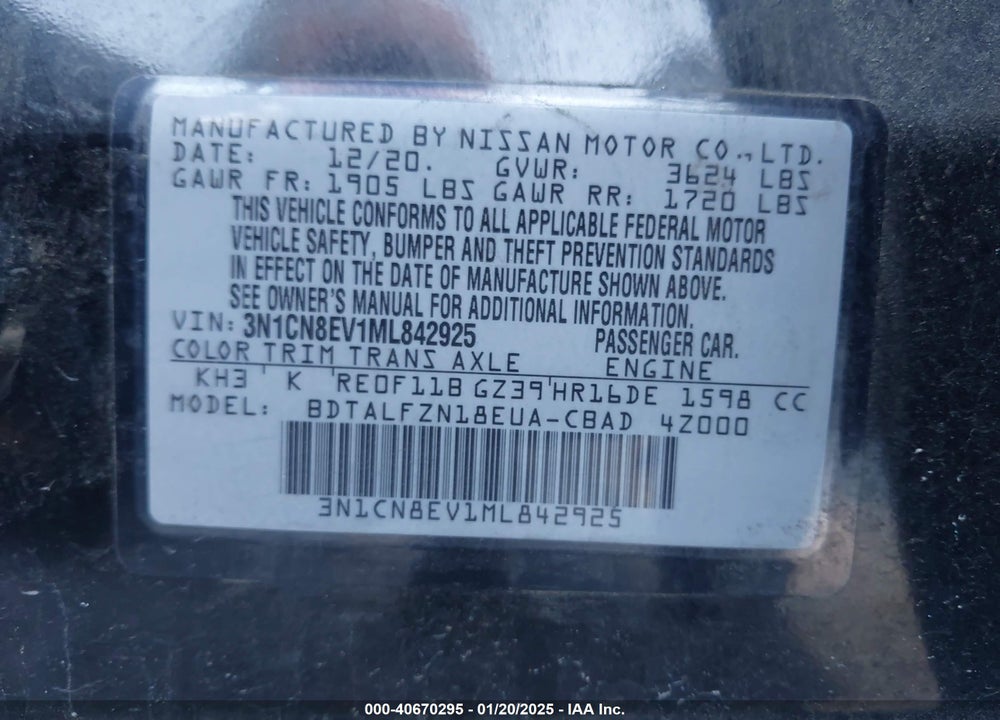 2021 NISSAN VERSA SV XTRONIC CVT VIN: 3N1CN8EV1ML842925