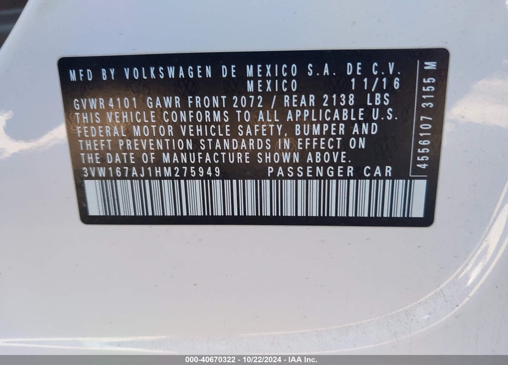 2017 VOLKSWAGEN JETTA 1.4T S VIN: 3VW167AJ1HM275949