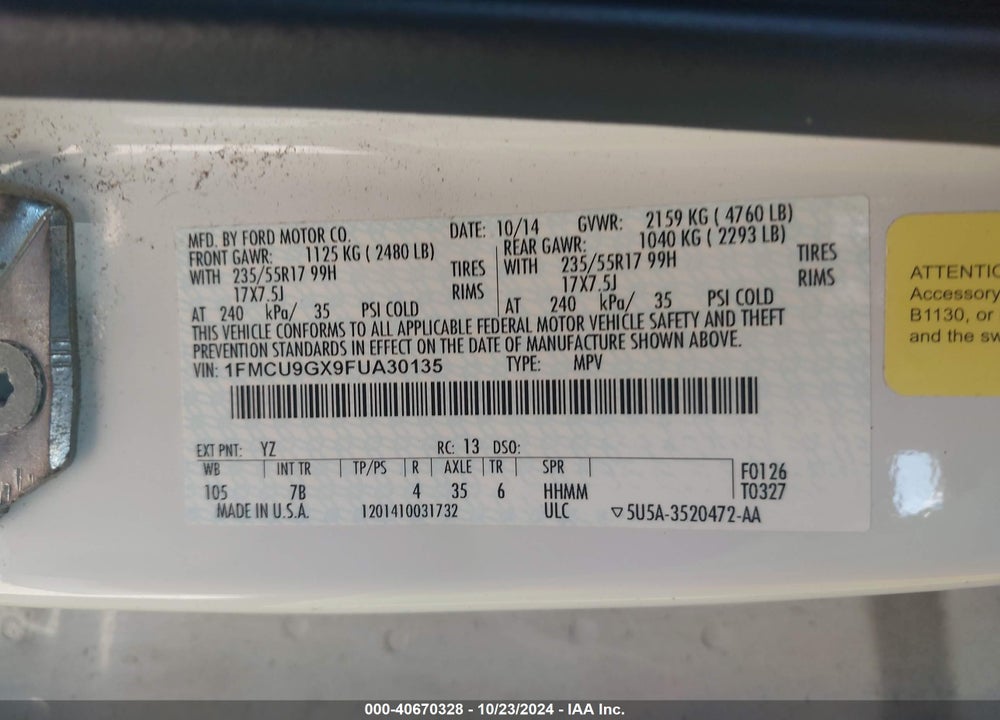 2015 FORD ESCAPE SE VIN: 1FMCU9GX9FUA30135