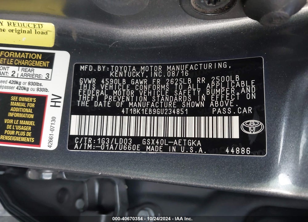 2016 TOYOTA AVALON XLE VIN: 4T1BK1EB9GU234851