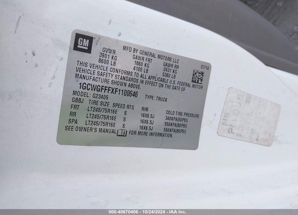 2015 CHEVROLET EXPRESS 2500 WORK VAN VIN: 1GCWGFFFXF1100646