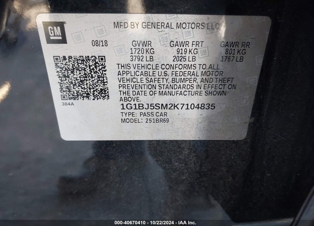 2019 CHEVROLET CRUZE CVT (FLEET ORDERS ONLY) VIN: 1G1BJ5SM2K7104835