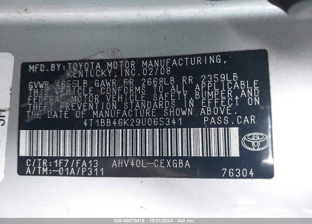2009 TOYOTA CAMRY HYBRID VIN: 4T1BB46K29U065341
