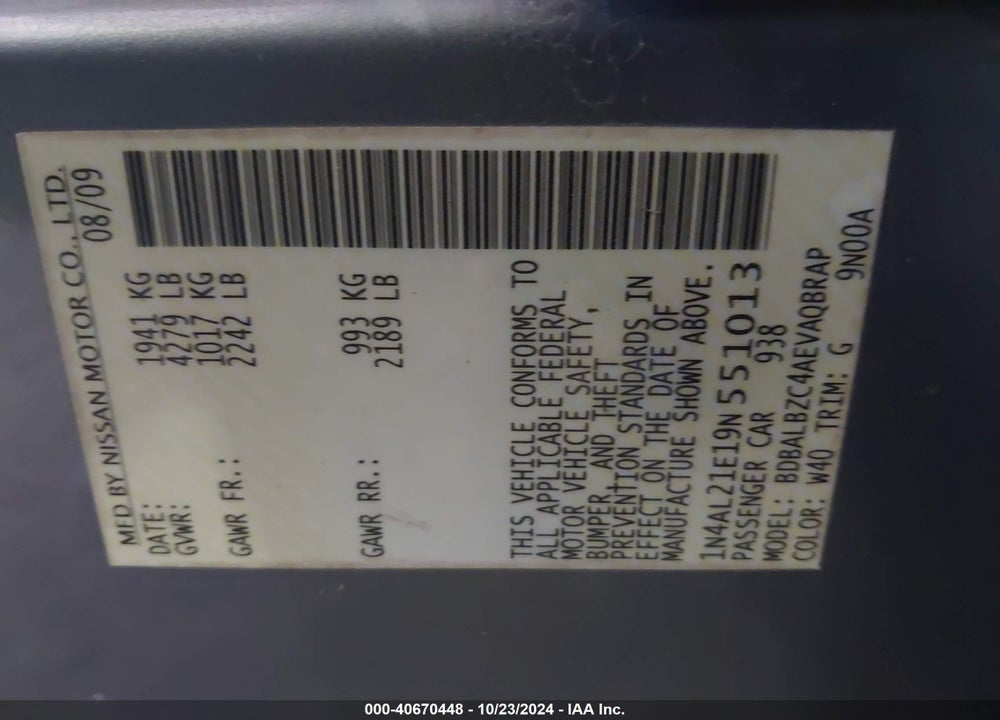 2009 NISSAN ALTIMA 2.5 S VIN: 1N4AL21E19N551013