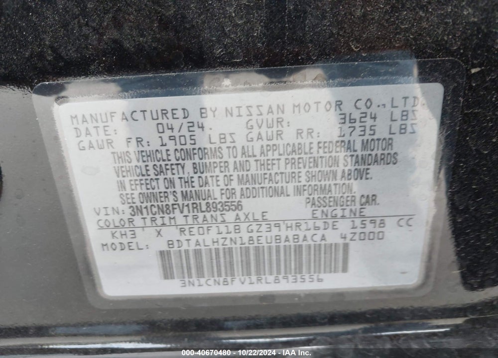 2024 NISSAN VERSA 1.6 SR VIN: 3N1CN8FV1RL893556