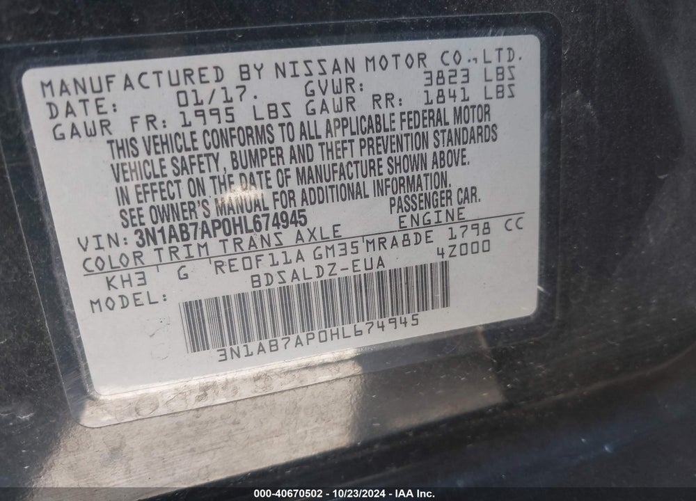 2017 NISSAN SENTRA SV VIN: 3N1AB7AP0HL674945