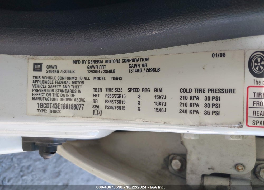 2008 CHEVROLET COLORADO LT VIN: 1GCDT43E188188077