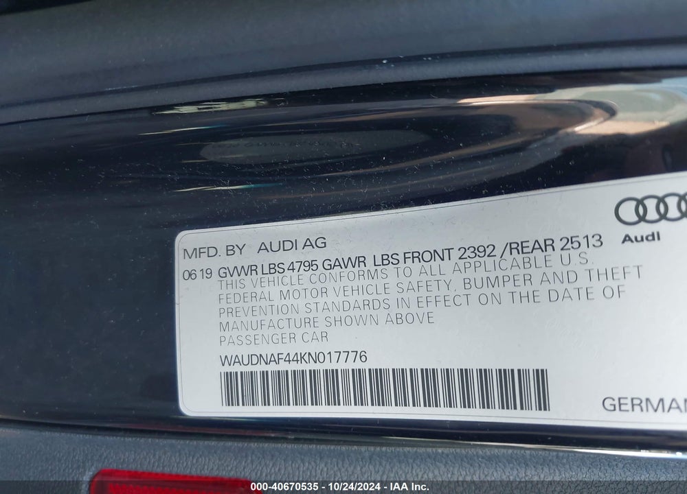 2019 AUDI A4 45 PREMIUM VIN: WAUDNAF44KN017776