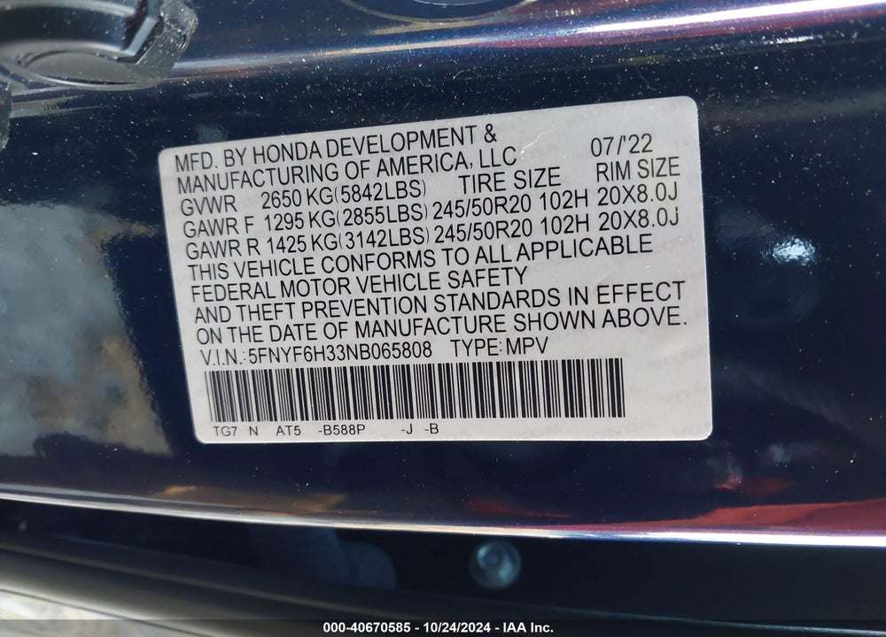 2022 HONDA PILOT AWD SPORT VIN: 5FNYF6H33NB065808