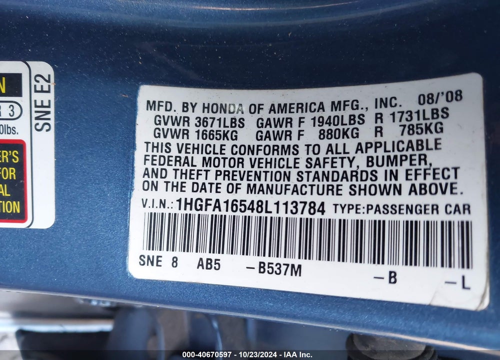 2008 HONDA CIVIC LX VIN: 1HGFA16548L113784
