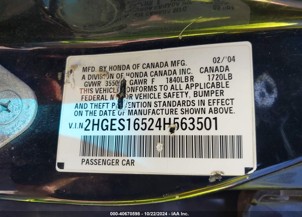 2004 HONDA CIVIC LX VIN: 2HGES16524H563501