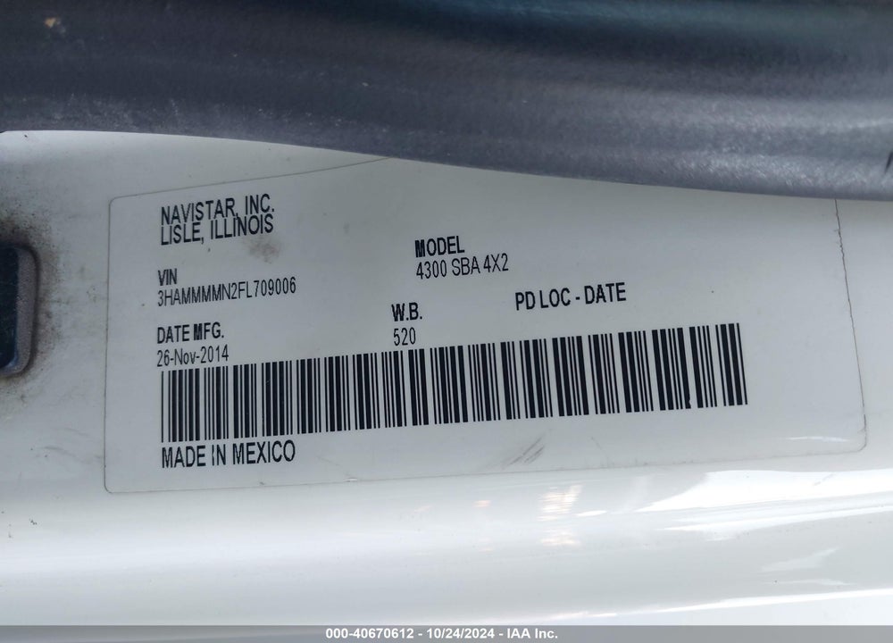 2015 INTERNATIONAL 4000 4300 VIN: 3HAMMMMN2FL709006
