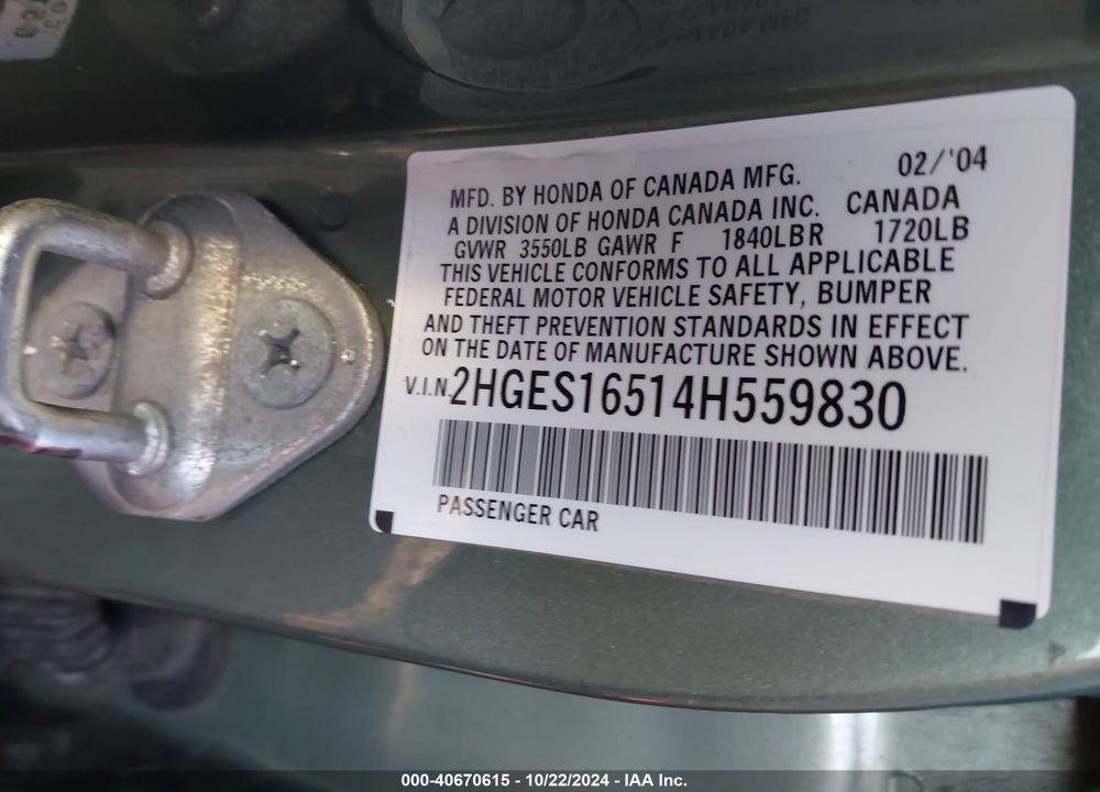 2004 HONDA CIVIC LX VIN: 2HGES16514H559830