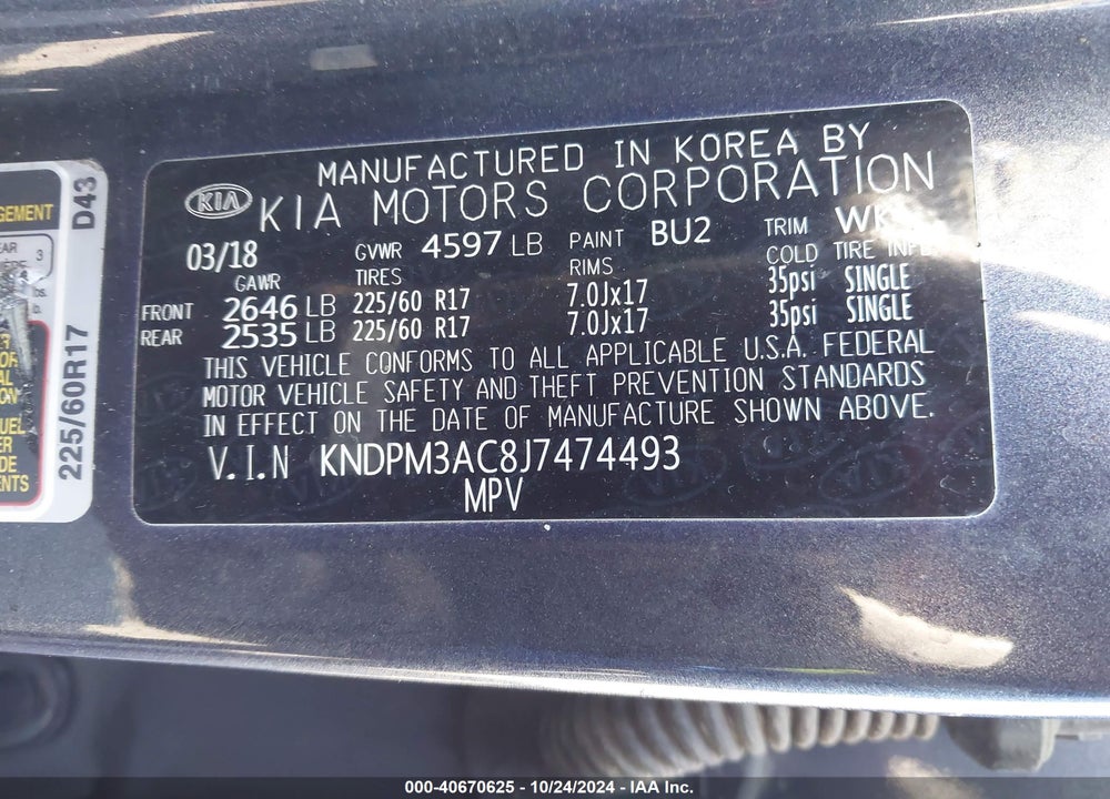 2018 KIA SPORTAGE LX VIN: KNDPM3AC8J7474493