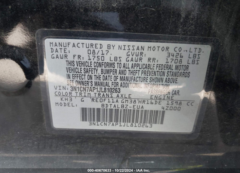 2018 NISSAN VERSA VIN: 3N1CN7AP1JL810263