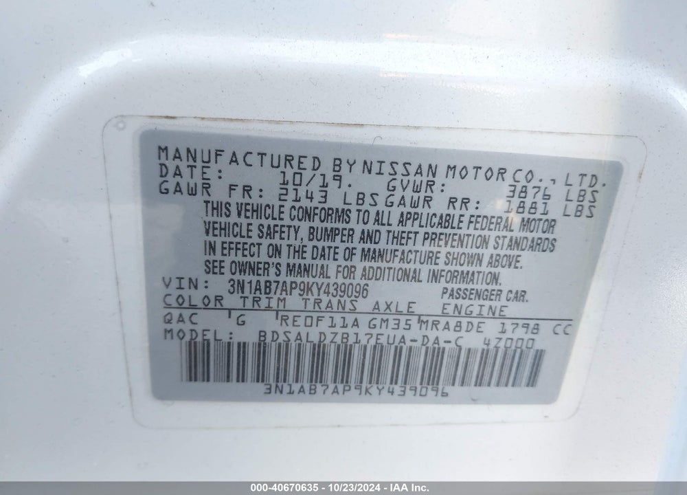 2019 NISSAN SENTRA SV VIN: 3N1AB7AP9KY439096