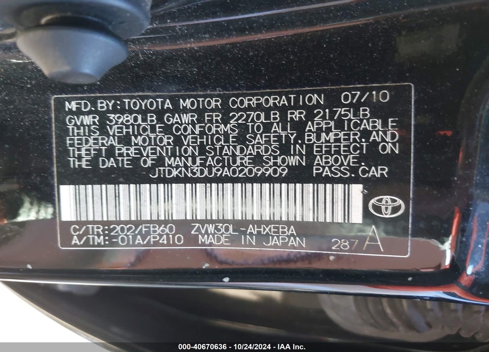 2010 TOYOTA PRIUS II VIN: JTDKN3DU9A0209909