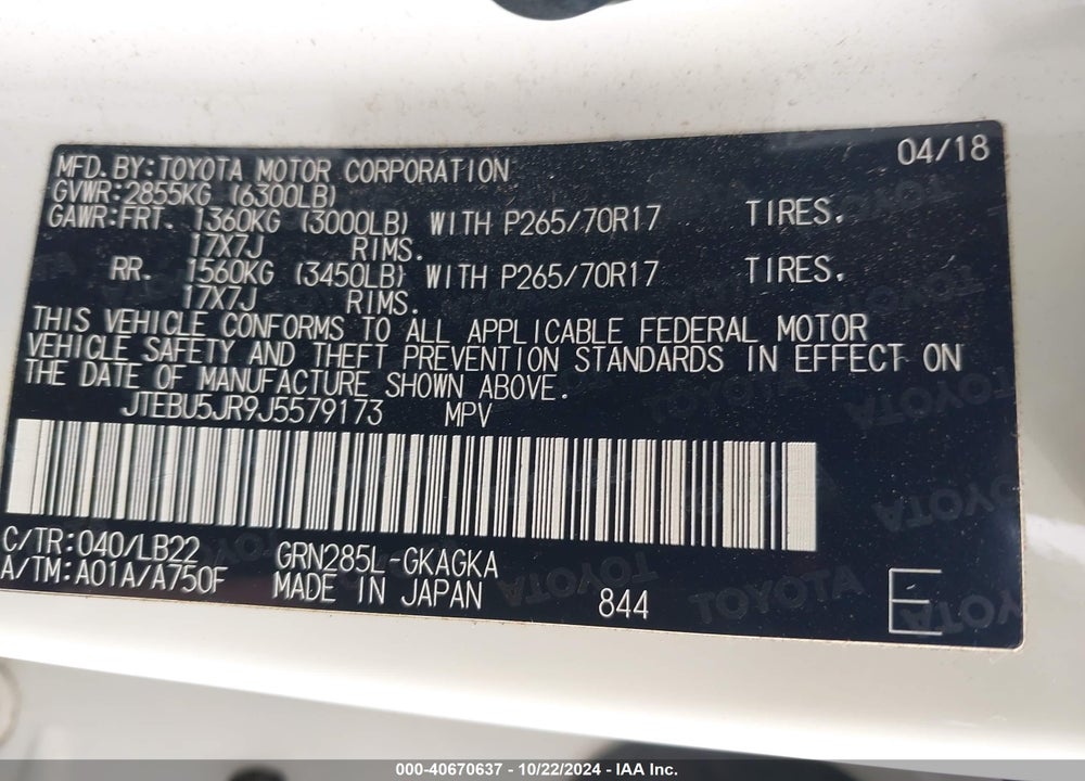 2018 TOYOTA 4RUNNER SR5 PREMIUM VIN: JTEBU5JR9J5579173