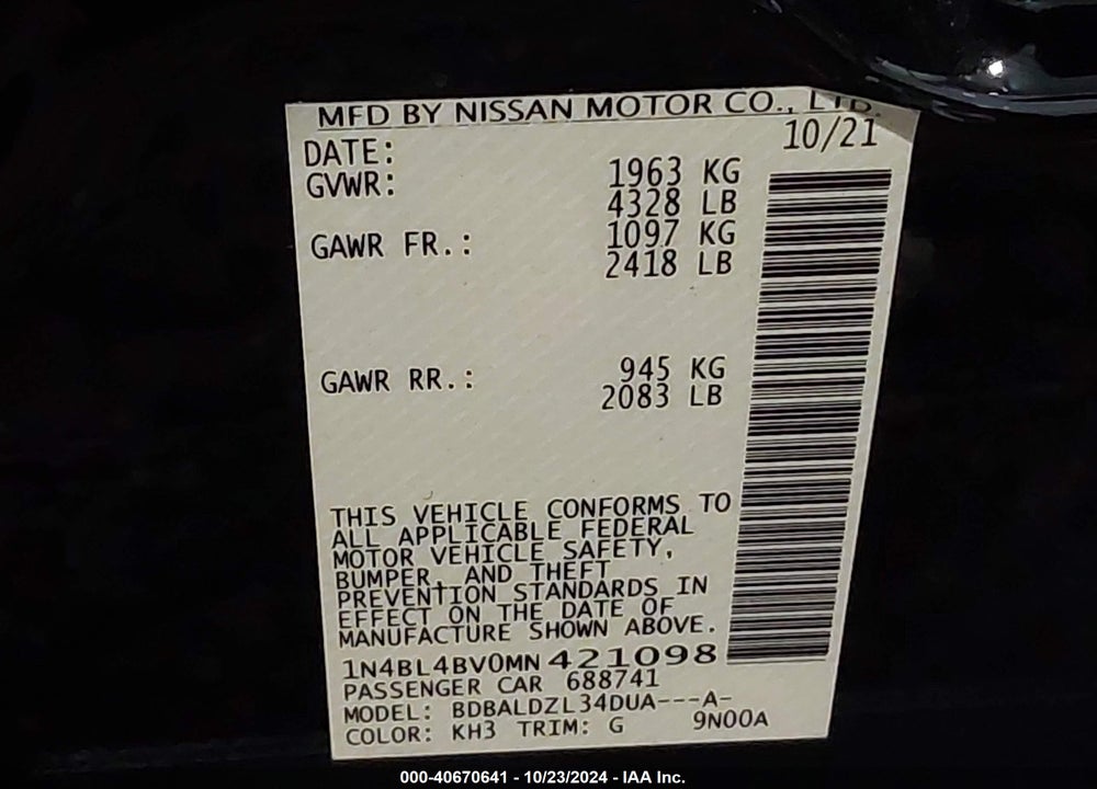 2021 NISSAN ALTIMA S FWD VIN: 1N4BL4BV0MN421098