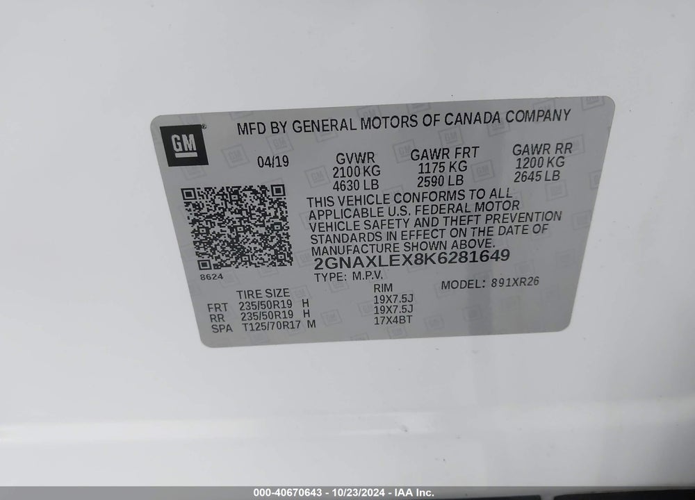 2019 CHEVROLET EQUINOX LT VIN: 2GNAXLEX8K6281649