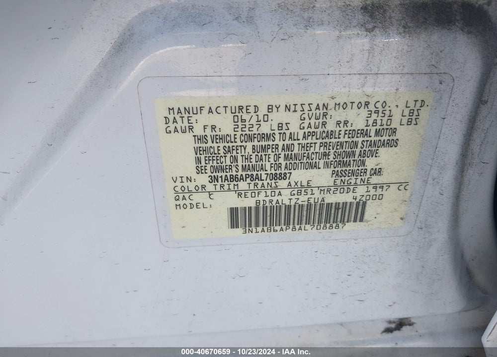 2010 NISSAN SENTRA 2.0S VIN: 3N1AB6AP8AL708887