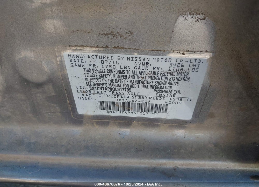 2016 NISSAN VERSA 1.6 S+ VIN: 3N1CN7AP9GL917795