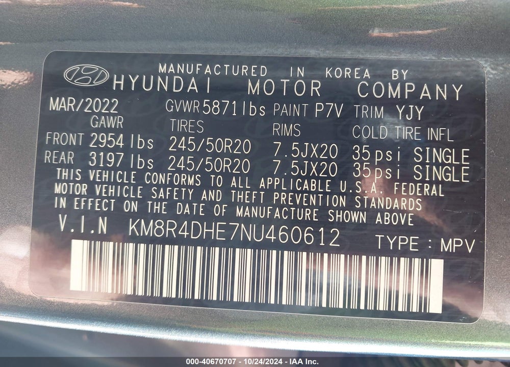 2022 HYUNDAI PALISADE SEL VIN: KM8R4DHE7NU460612